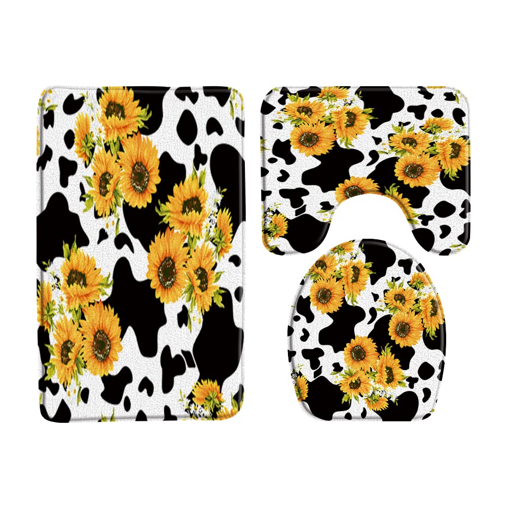 3-Piece Rustic Sunflower Cowhide Bath Mat Set