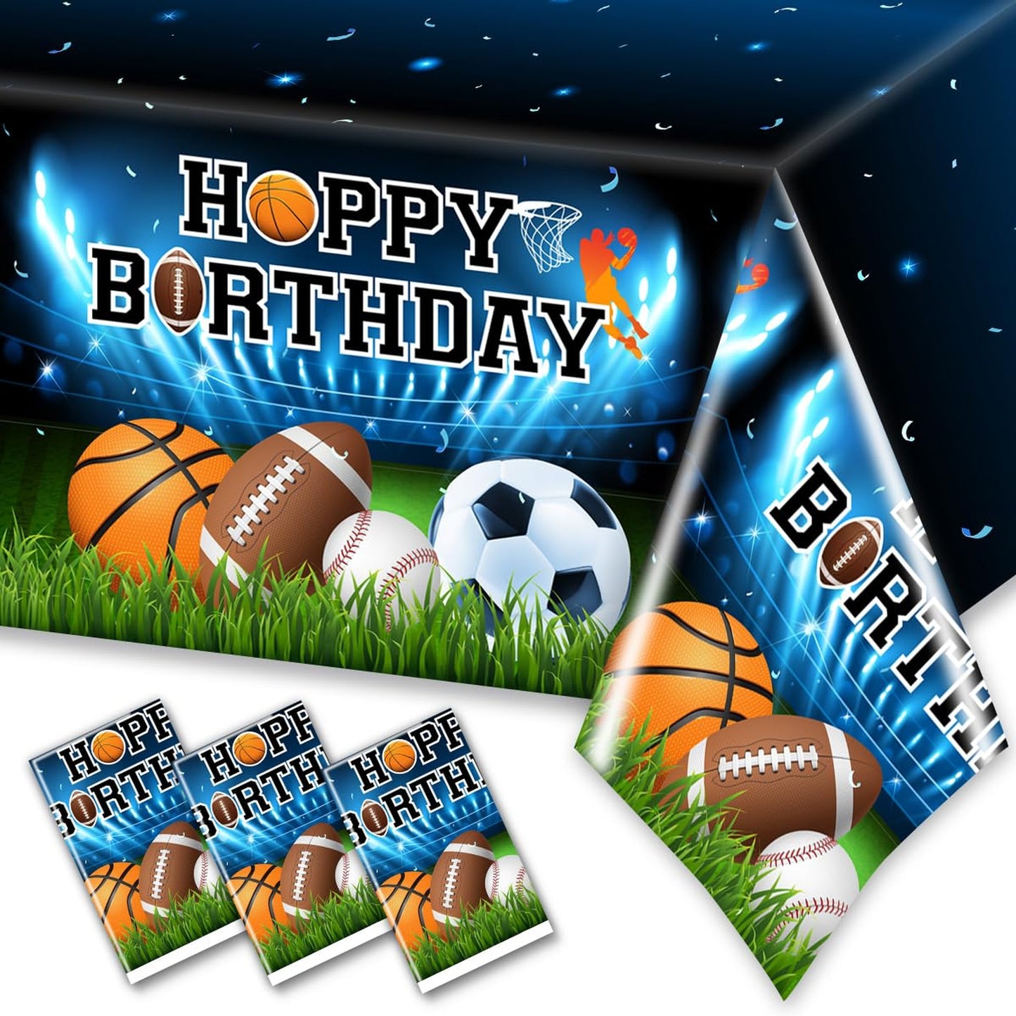 All Star Sports Party Tablecloths - Set of 3 Sports Themed Plastic Table Covers for Boys Birthday Party Supplies - Basketball, Football, Baseball, Soccer