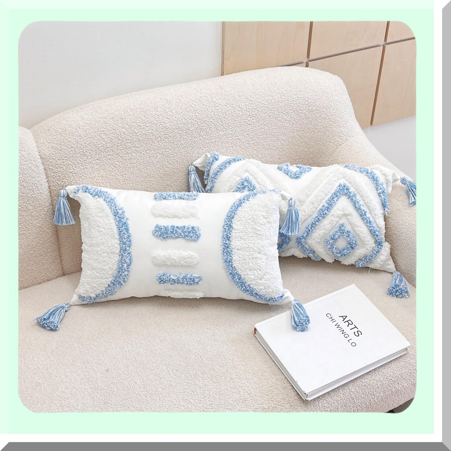 Boho Tufted Lumbar Pillow Covers - Set of 2 Cotton Woven Decorative Cushion Cases for Couch Sofa Bed Farmhouse Home Decor in Blue and White - 12x20 Inch