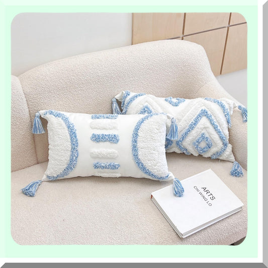 Boho Tufted Lumbar Pillow Covers - Set of 2 Cotton Woven Decorative Cushion Cases for Couch Sofa Bed Farmhouse Home Decor in Blue and White - 12x20 Inch