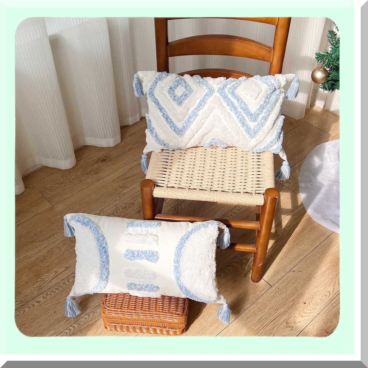 Boho Tufted Lumbar Pillow Covers - Set of 2 Cotton Woven Decorative Cushion Cases for Couch Sofa Bed Farmhouse Home Decor in Blue and White - 12x20 Inch