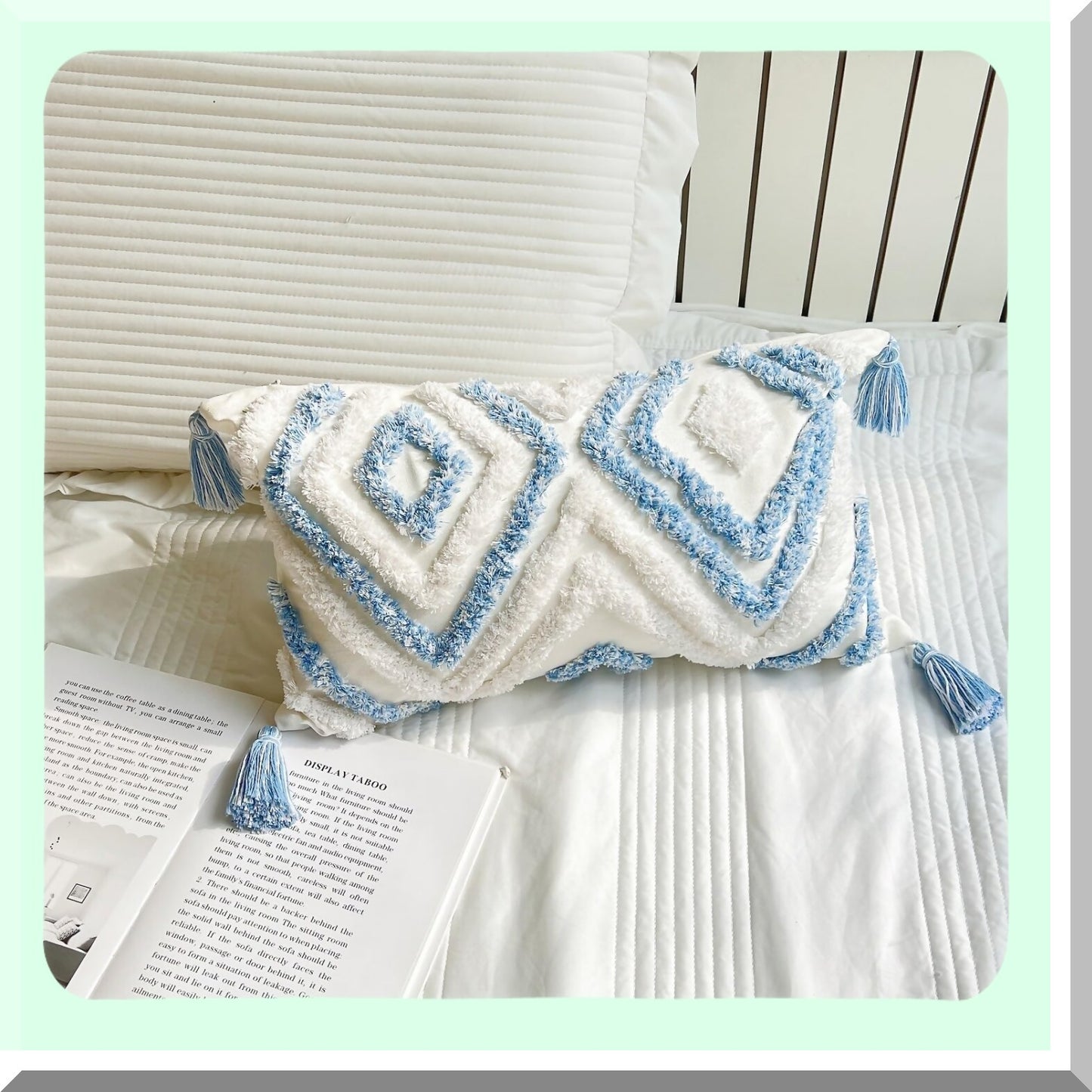 Boho Tufted Lumbar Pillow Covers - Set of 2 Cotton Woven Decorative Cushion Cases for Couch Sofa Bed Farmhouse Home Decor in Blue and White - 12x20 Inch