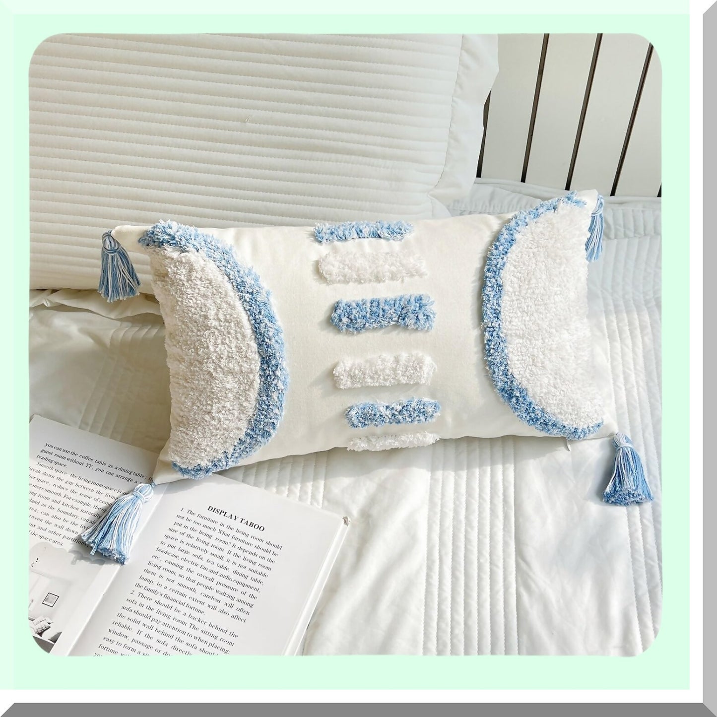 Boho Tufted Lumbar Pillow Covers - Set of 2 Cotton Woven Decorative Cushion Cases for Couch Sofa Bed Farmhouse Home Decor in Blue and White - 12x20 Inch