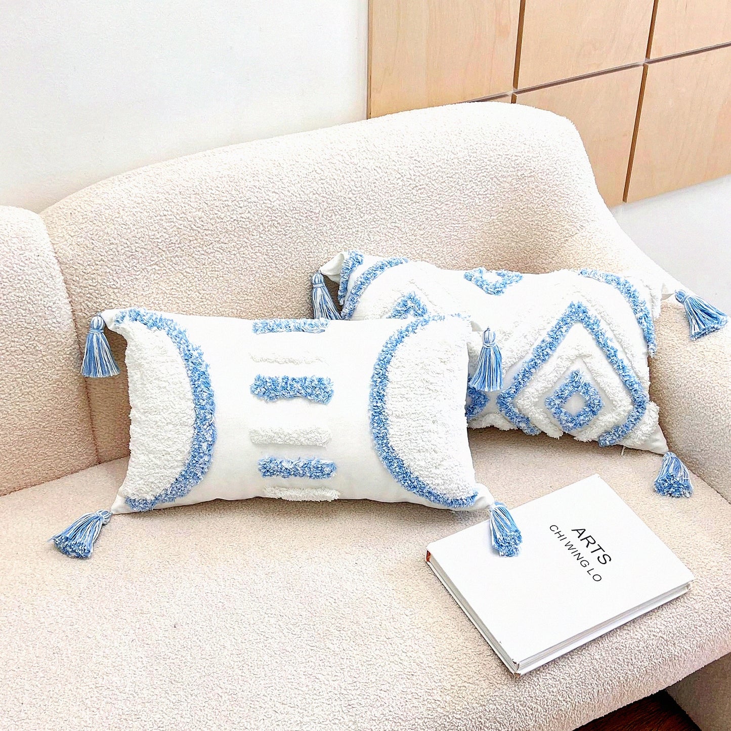 Boho Tufted Lumbar Pillow Covers - Set of 2 Cotton Woven Decorative Cushion Cases for Couch Sofa Bed Farmhouse Home Decor in Blue and White - 12x20 Inch