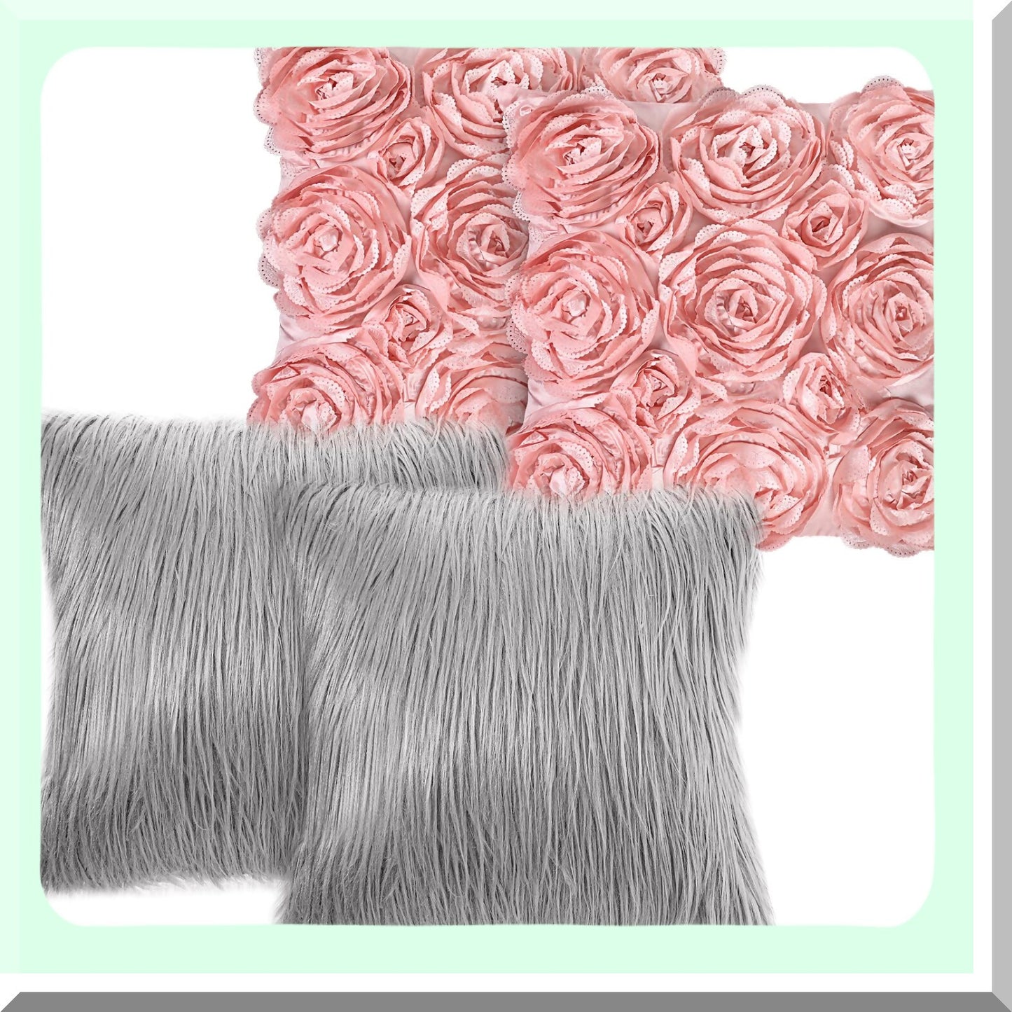 Rose Bloom 3D Pillow Covers - Set of 4 | Soft Square Throw Pillow Covers 16x16 Inch for Sofa, Bedroom, Car | Pink & Gray Floral Design