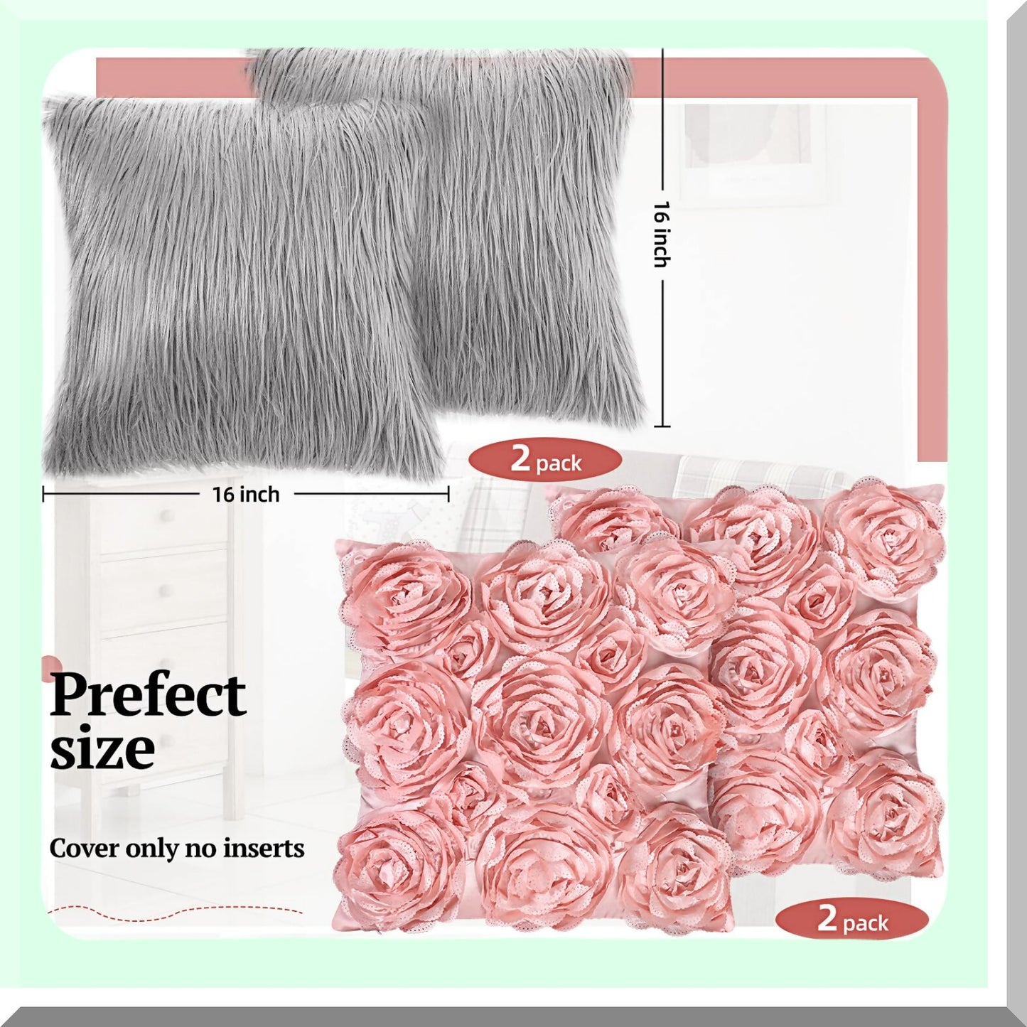 Rose Bloom 3D Pillow Covers - Set of 4 | Soft Square Throw Pillow Covers 16x16 Inch for Sofa, Bedroom, Car | Pink & Gray Floral Design