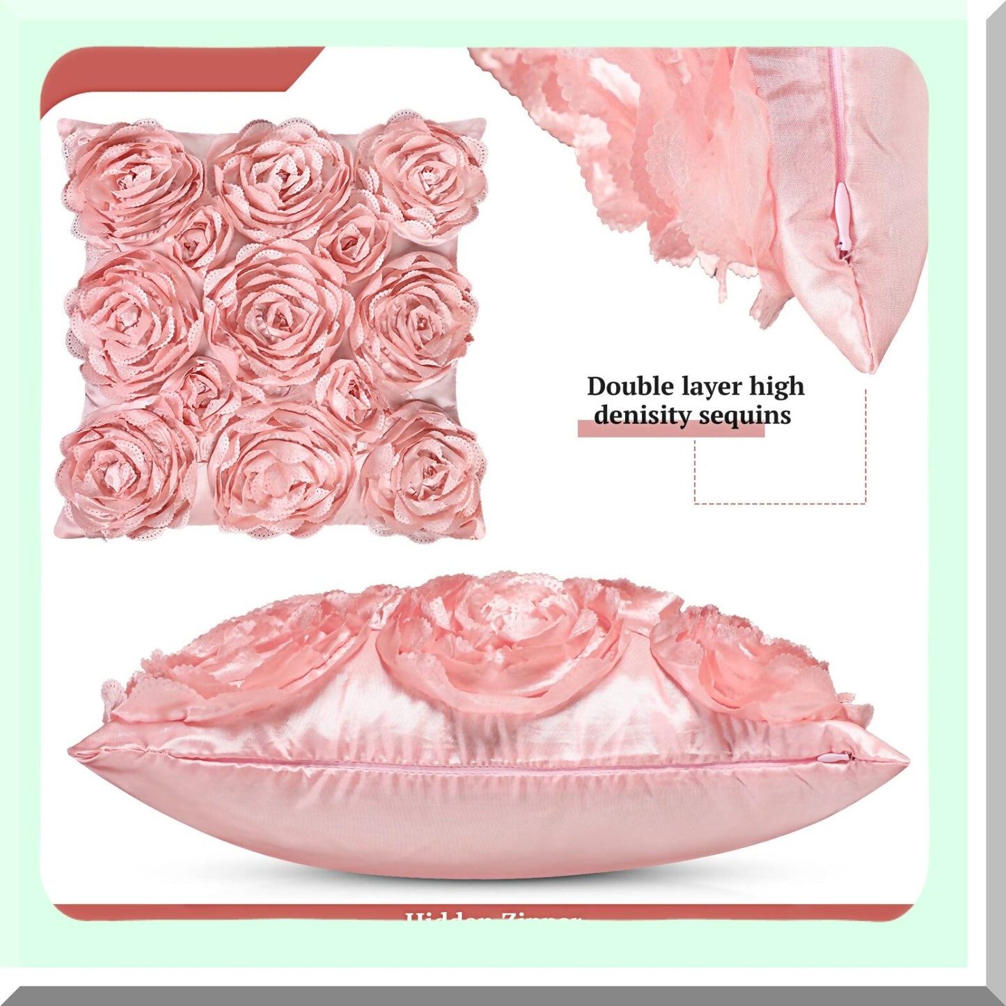 Rose Bloom 3D Pillow Covers - Set of 4 | Soft Square Throw Pillow Covers 16x16 Inch for Sofa, Bedroom, Car | Pink & Gray Floral Design