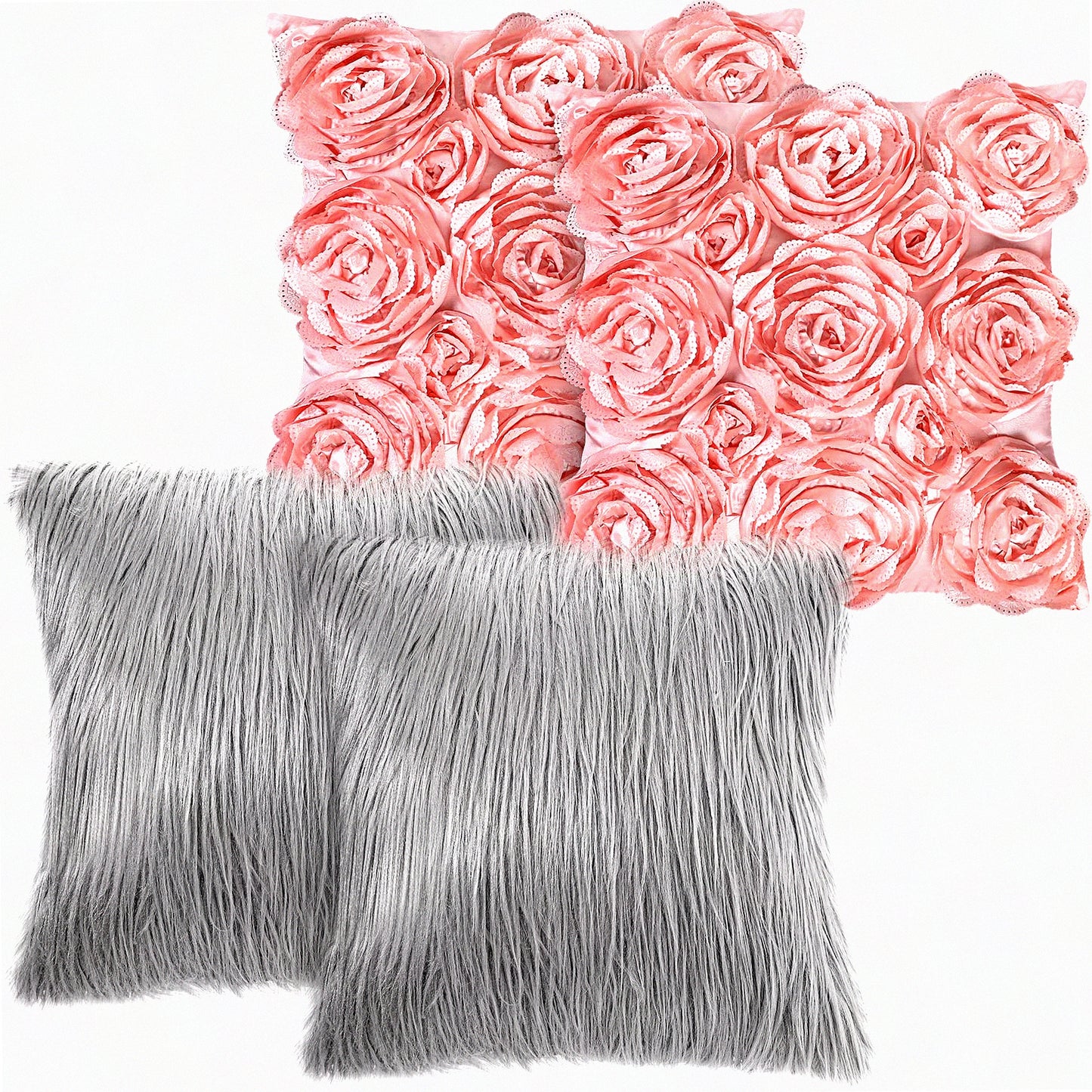 Rose Bloom 3D Pillow Covers - Set of 4 | Soft Square Throw Pillow Covers 16x16 Inch for Sofa, Bedroom, Car | Pink & Gray Floral Design