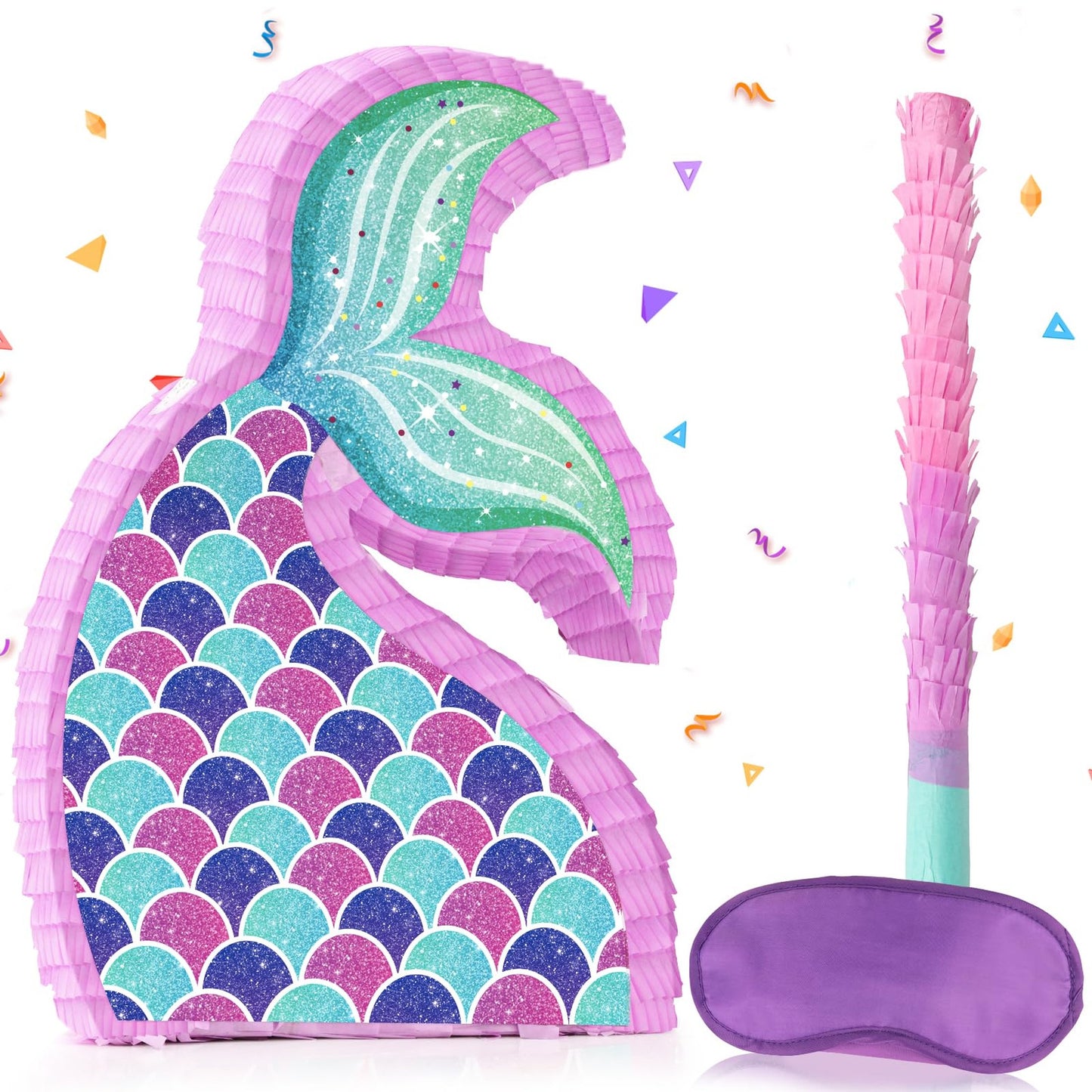 Mermaid Tail Pinata Party Pack - Underwater Birthday Bash Kit with Blindfold, Bat, Stick, Decorations, Centerpieces - Girls Indoor Outdoor Game