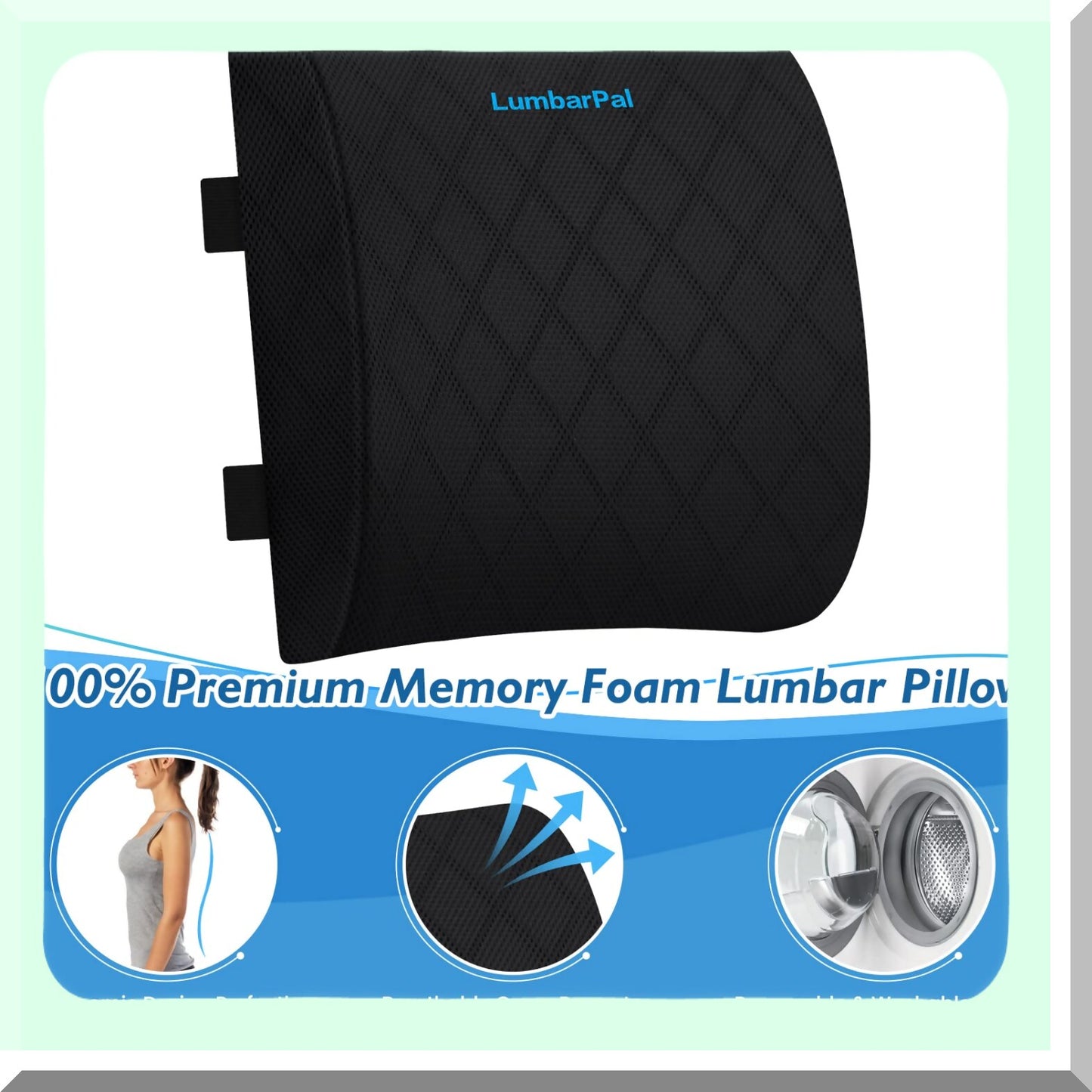 ErgoFlex Lumbar Support Pillow - Memory Foam Back Support Cushion for Office Chair, Car, Gaming - Adjustable Straps, Improve Posture, Relieve Back Pain - Black