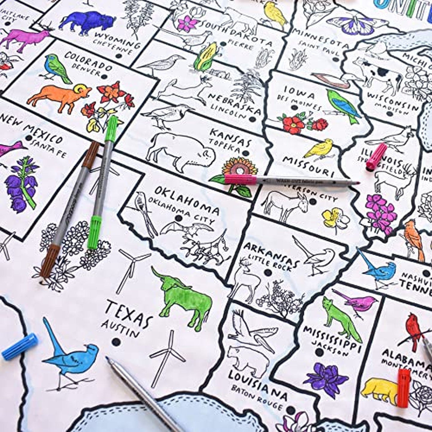 Kids US Map Coloring Tablecloth with Washable Markers