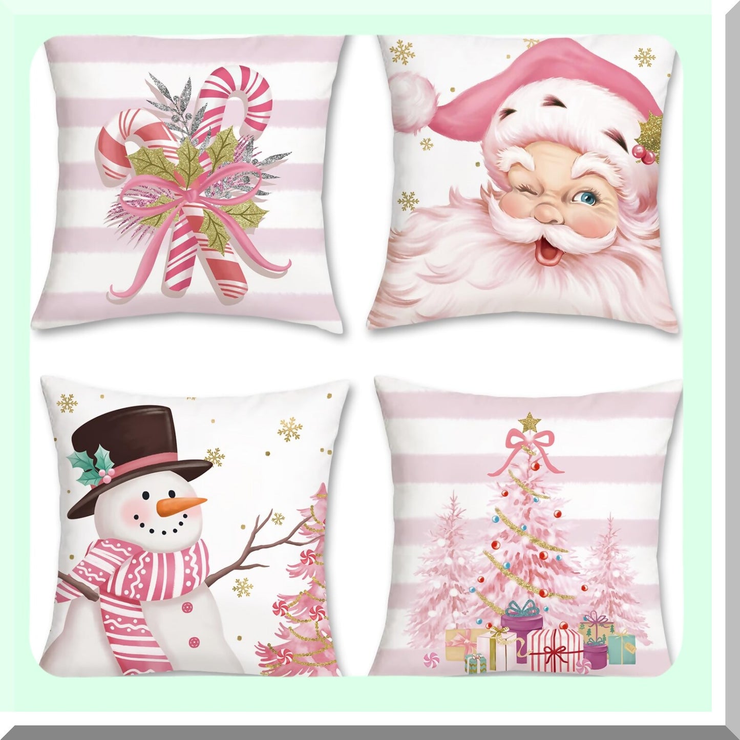 Winter Wonderland Holiday Pillow Covers - Set of 4 Festive Christmas Decorative Cushion Cases for Couch, Sofa, Bed - Pink Snowman Candy Cane Xmas Tree Design - 18x18 Inch