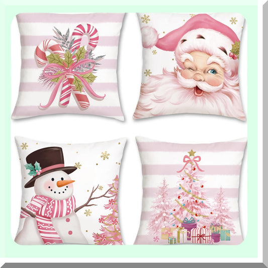 Winter Wonderland Holiday Pillow Covers - Set of 4 Festive Christmas Decorative Cushion Cases for Couch, Sofa, Bed - Pink Snowman Candy Cane Xmas Tree Design - 18x18 Inch