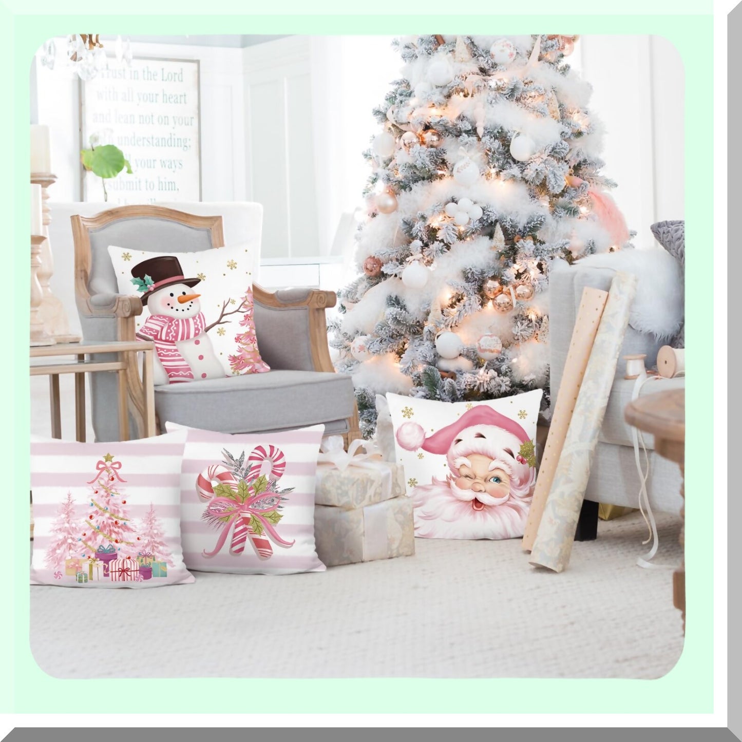 Winter Wonderland Holiday Pillow Covers - Set of 4 Festive Christmas Decorative Cushion Cases for Couch, Sofa, Bed - Pink Snowman Candy Cane Xmas Tree Design - 18x18 Inch