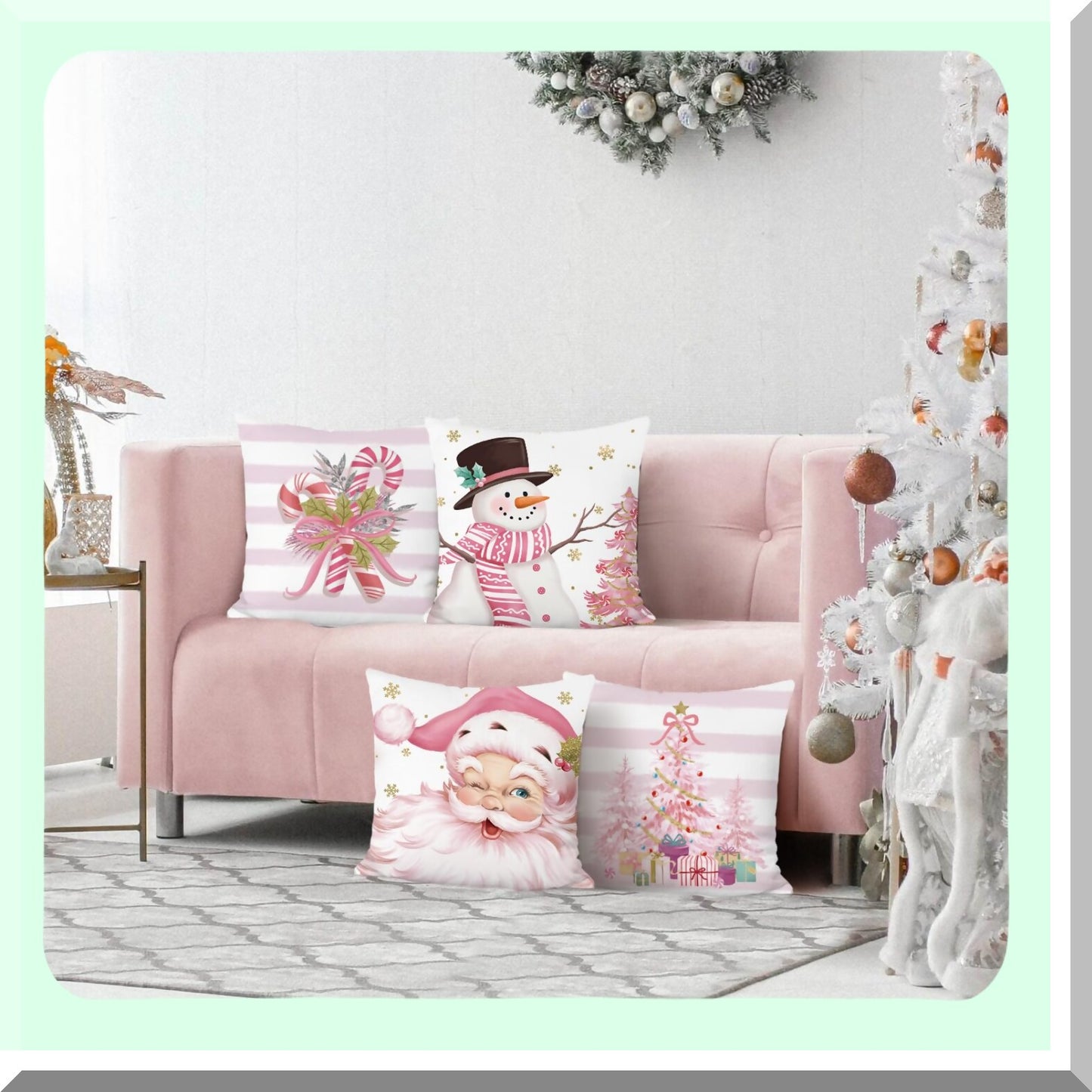 Winter Wonderland Holiday Pillow Covers - Set of 4 Festive Christmas Decorative Cushion Cases for Couch, Sofa, Bed - Pink Snowman Candy Cane Xmas Tree Design - 18x18 Inch