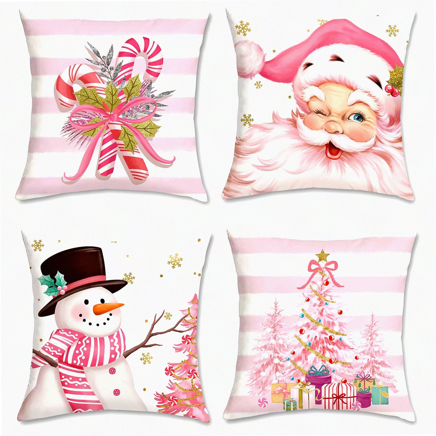 Winter Wonderland Holiday Pillow Covers - Set of 4 Festive Christmas Decorative Cushion Cases for Couch, Sofa, Bed - Pink Snowman Candy Cane Xmas Tree Design - 18x18 Inch