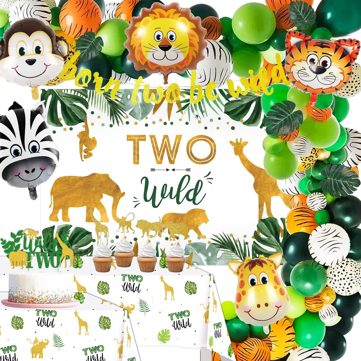 Wild Safari Jungle 2nd Birthday Party Pack - Includes Banner, Backdrop, Balloons Arch, Tablecloth, Topper - Two Wild Jungle Theme Decorations for a Wild Birthday Bash!