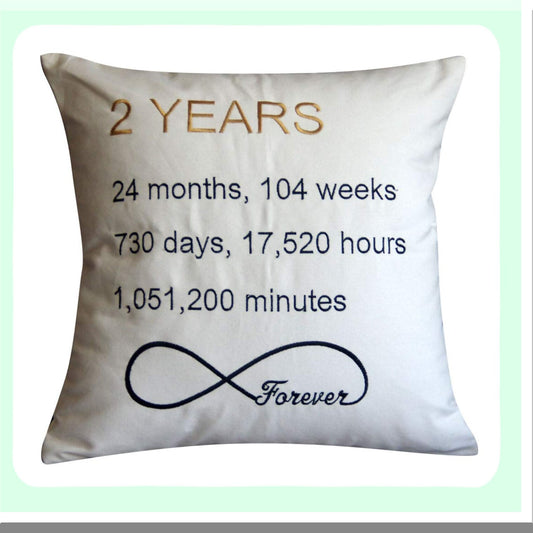 Anniversary Embroidered Decorative Throw Pillow Cover - 2 Year Marriage Celebration - 18x18 Inches - Home Decor - Cover Only