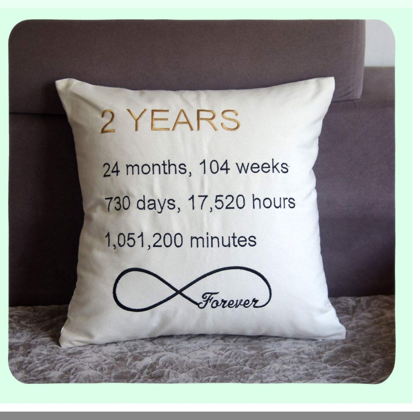 Anniversary Embroidered Decorative Throw Pillow Cover - 2 Year Marriage Celebration - 18x18 Inches - Home Decor - Cover Only