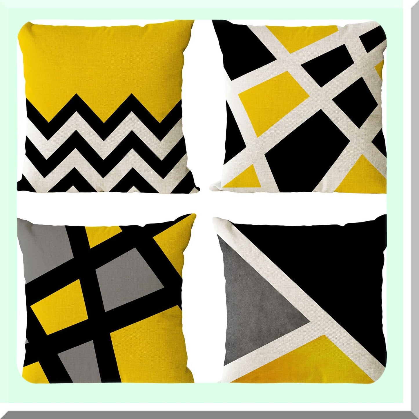 Geometric Harmony Pillow Covers - Set of 4 | 18x18 Inch Decorative Yellow Black Pillowcase | Modern Square Cotton Linen Cushion Covers for Home Bed and Outdoor Décor