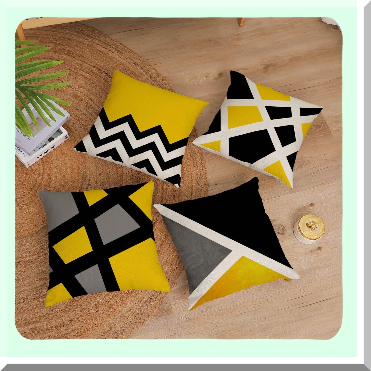 Geometric Harmony Pillow Covers - Set of 4 | 18x18 Inch Decorative Yellow Black Pillowcase | Modern Square Cotton Linen Cushion Covers for Home Bed and Outdoor Décor