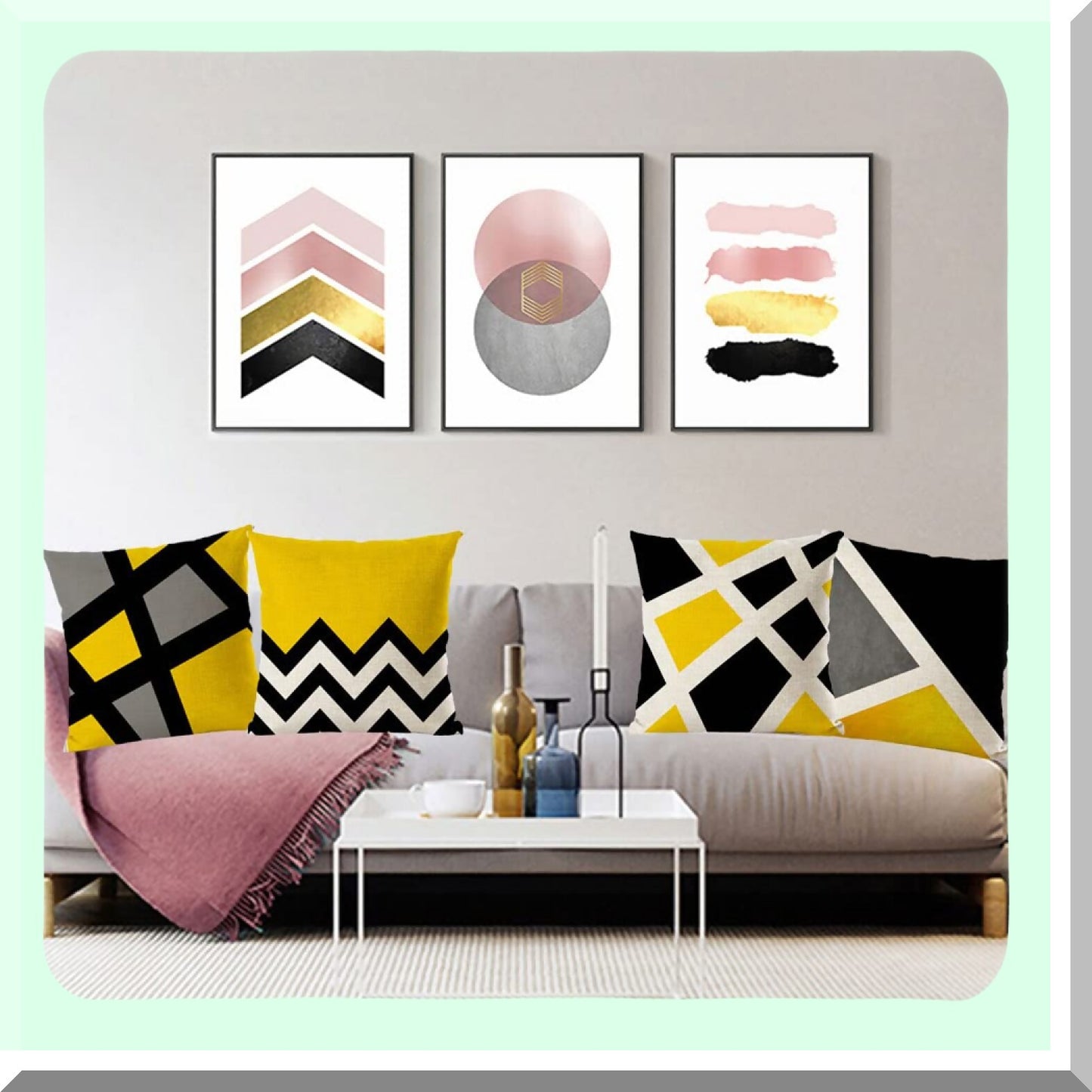 Geometric Harmony Pillow Covers - Set of 4 | 18x18 Inch Decorative Yellow Black Pillowcase | Modern Square Cotton Linen Cushion Covers for Home Bed and Outdoor Décor