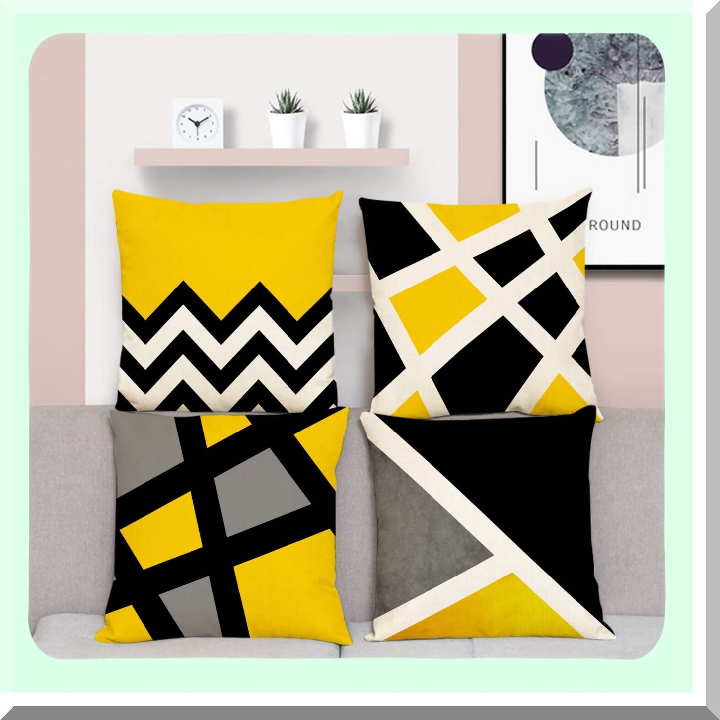 Geometric Harmony Pillow Covers - Set of 4 | 18x18 Inch Decorative Yellow Black Pillowcase | Modern Square Cotton Linen Cushion Covers for Home Bed and Outdoor Décor