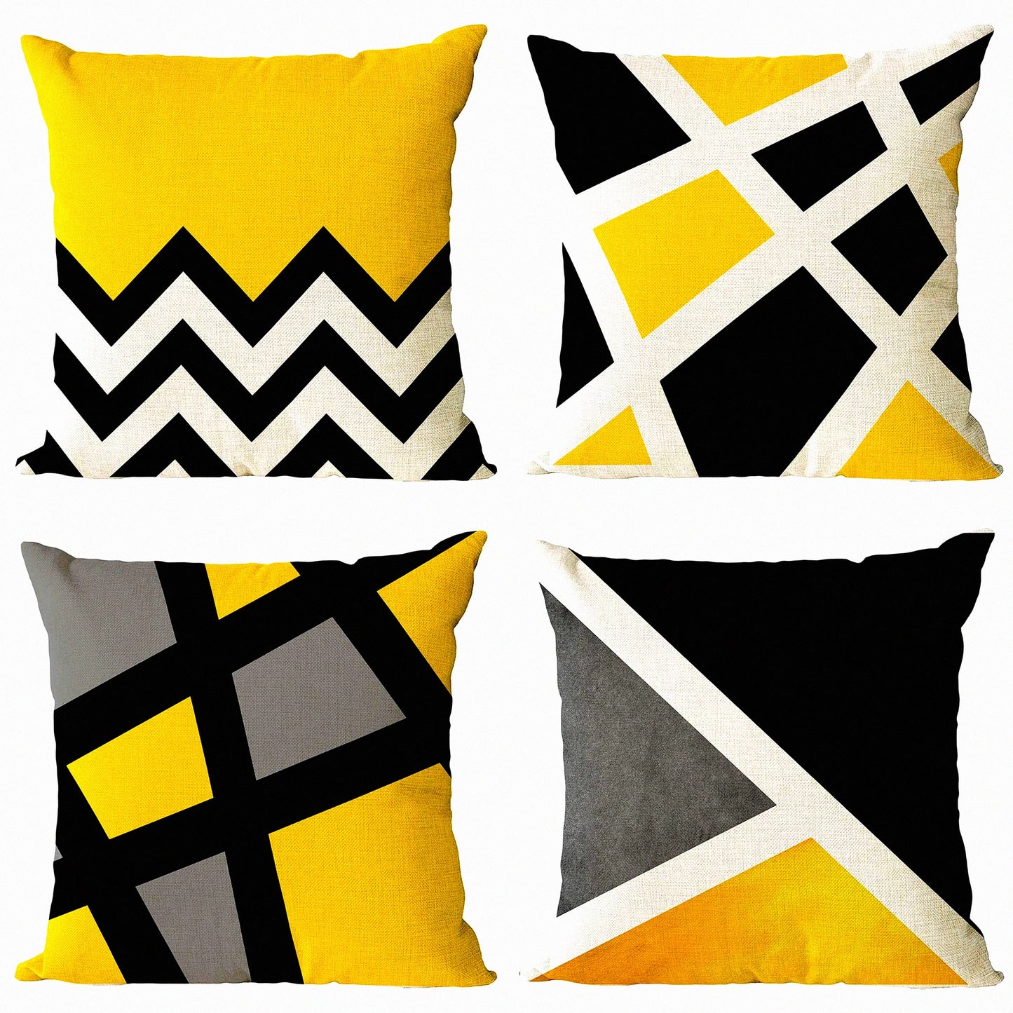 Geometric Harmony Pillow Covers - Set of 4 | 18x18 Inch Decorative Yellow Black Pillowcase | Modern Square Cotton Linen Cushion Covers for Home Bed and Outdoor Décor