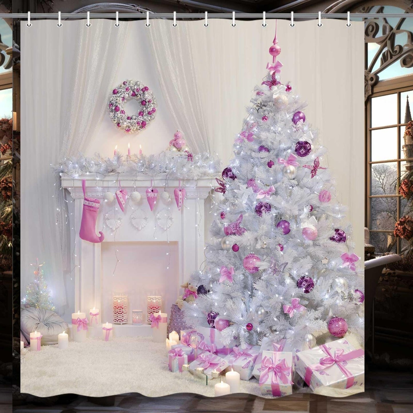 Tree with Pink Balls Xmas Shower Curtain Set 71x71