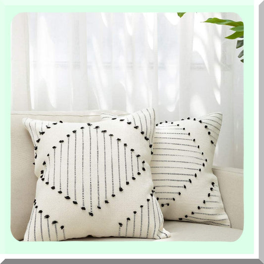Diamond Boho Farmhouse Pillow Covers - Set of 2 Black & Cream White 22x22 Tufted Decorative Cases for Couch Bed. Large Modern Accent Neutral Cover