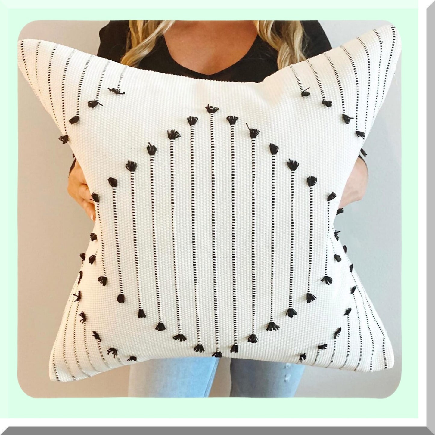 Diamond Boho Farmhouse Pillow Covers - Set of 2 Black & Cream White 22x22 Tufted Decorative Cases for Couch Bed. Large Modern Accent Neutral Cover