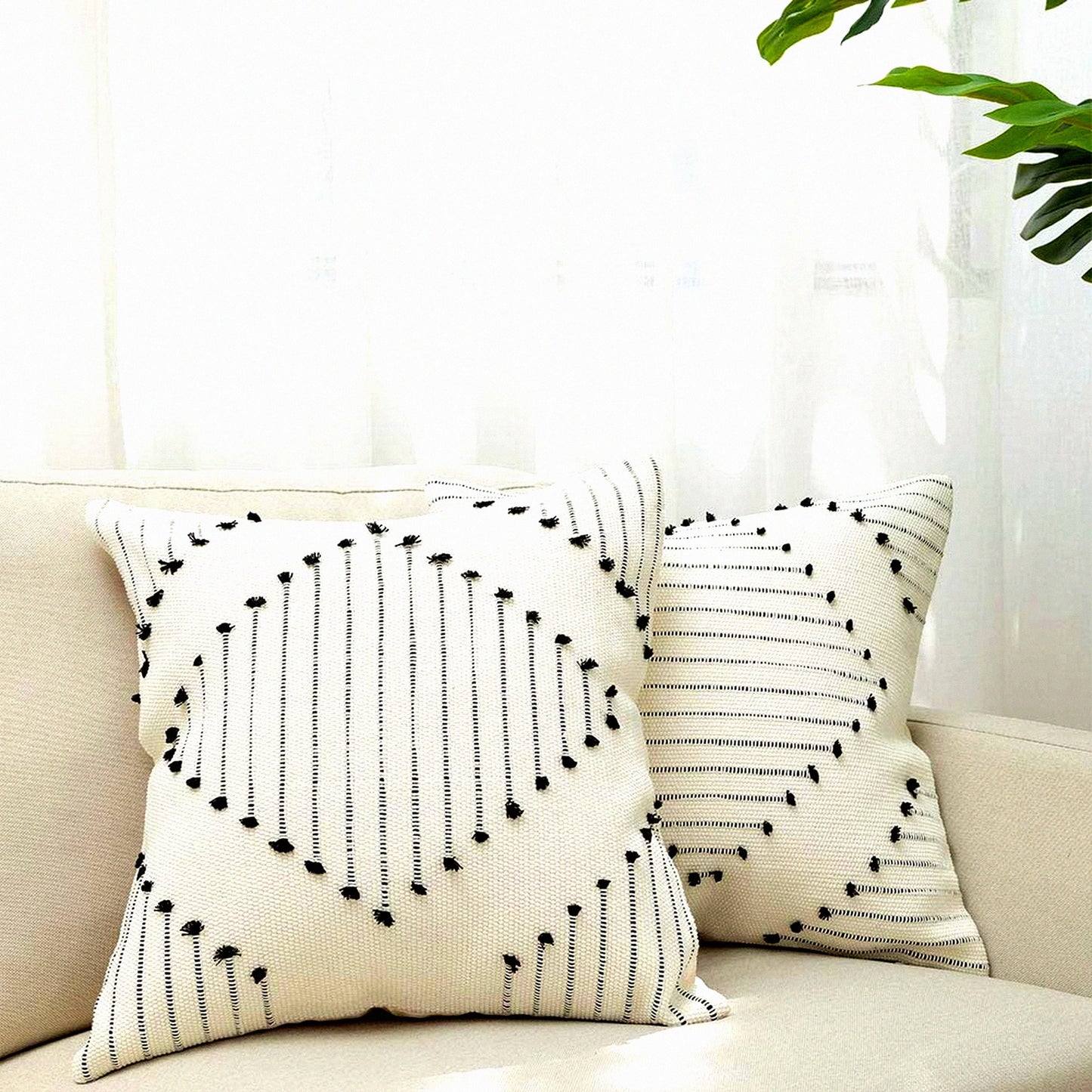 Diamond Boho Farmhouse Pillow Covers - Set of 2 Black & Cream White 22x22 Tufted Decorative Cases for Couch Bed. Large Modern Accent Neutral Cover