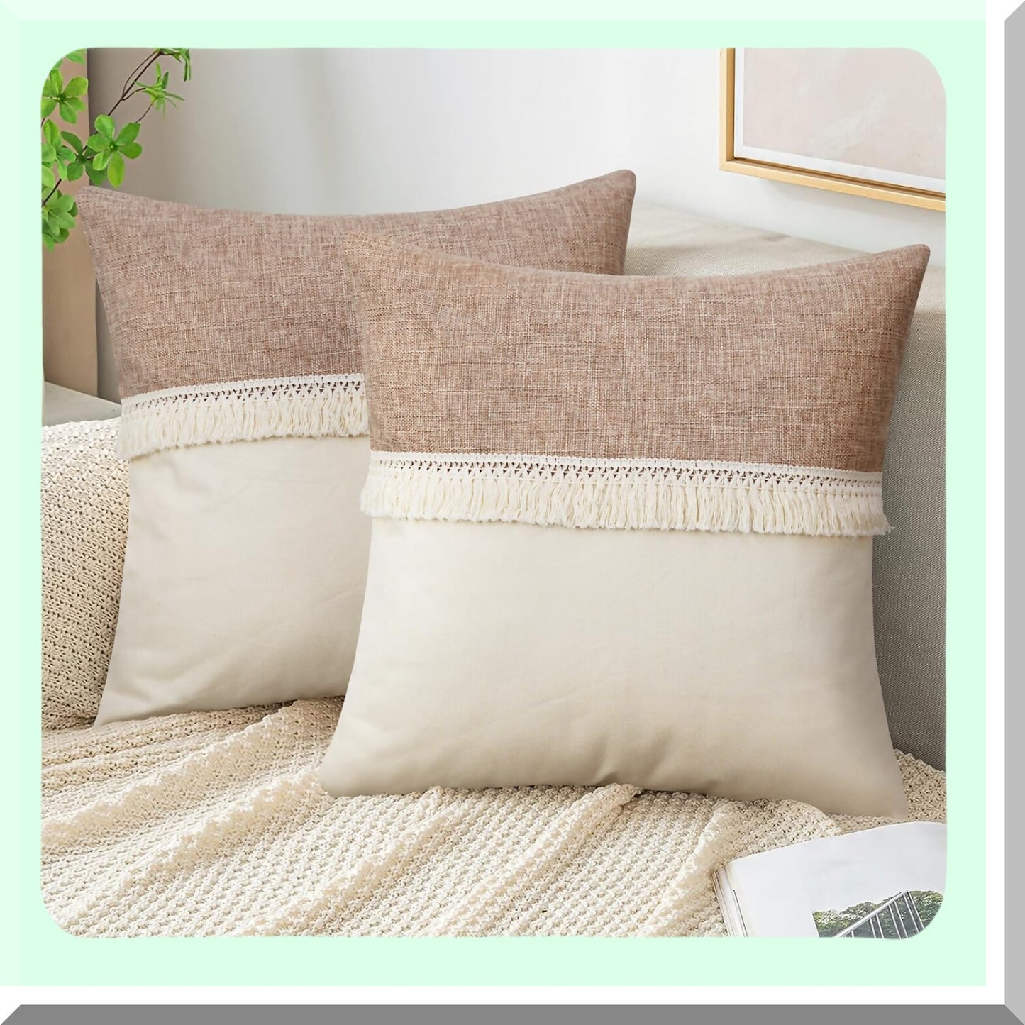 Boho Linen Patchwork Farmhouse Cushion Covers - Natural Linen Pillow Shell with Tel Trim - Decorative Sofa Bedroom Pillow Covers