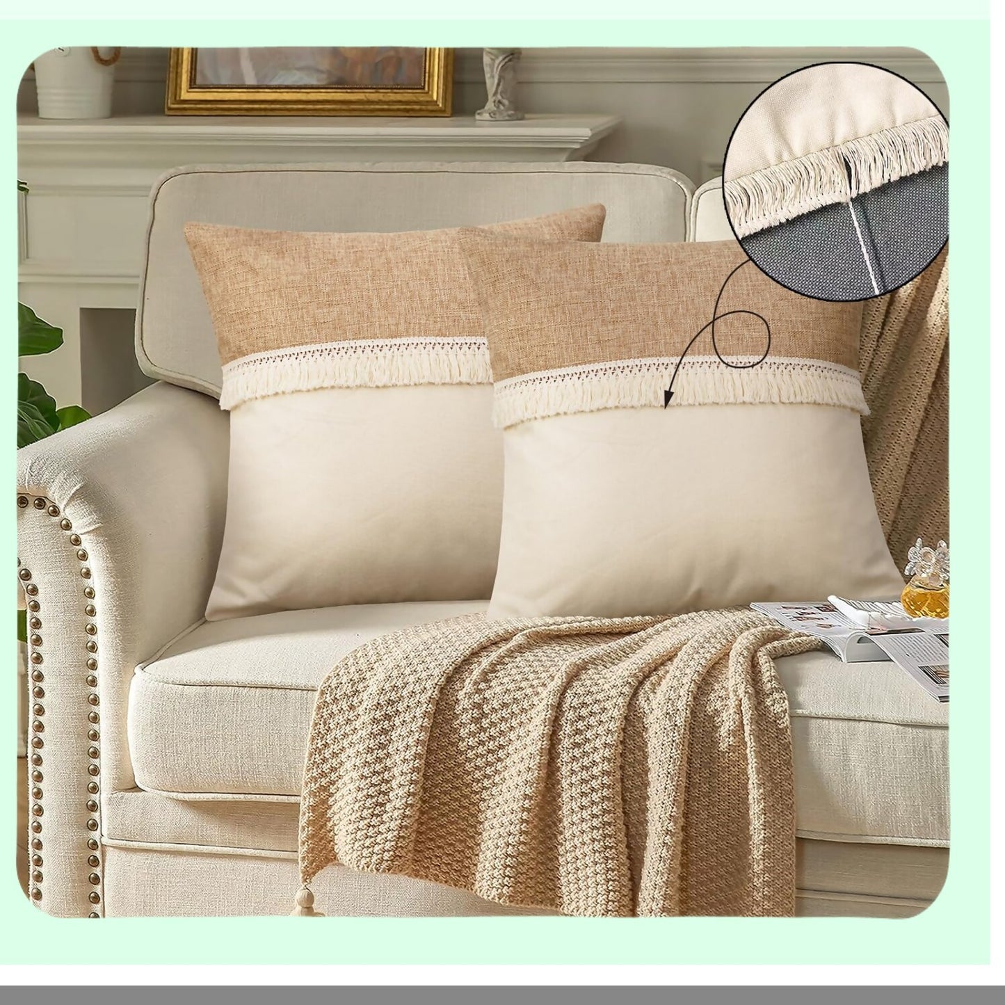 Boho Linen Patchwork Farmhouse Cushion Covers - Natural Linen Pillow Shell with Tel Trim - Decorative Sofa Bedroom Pillow Covers