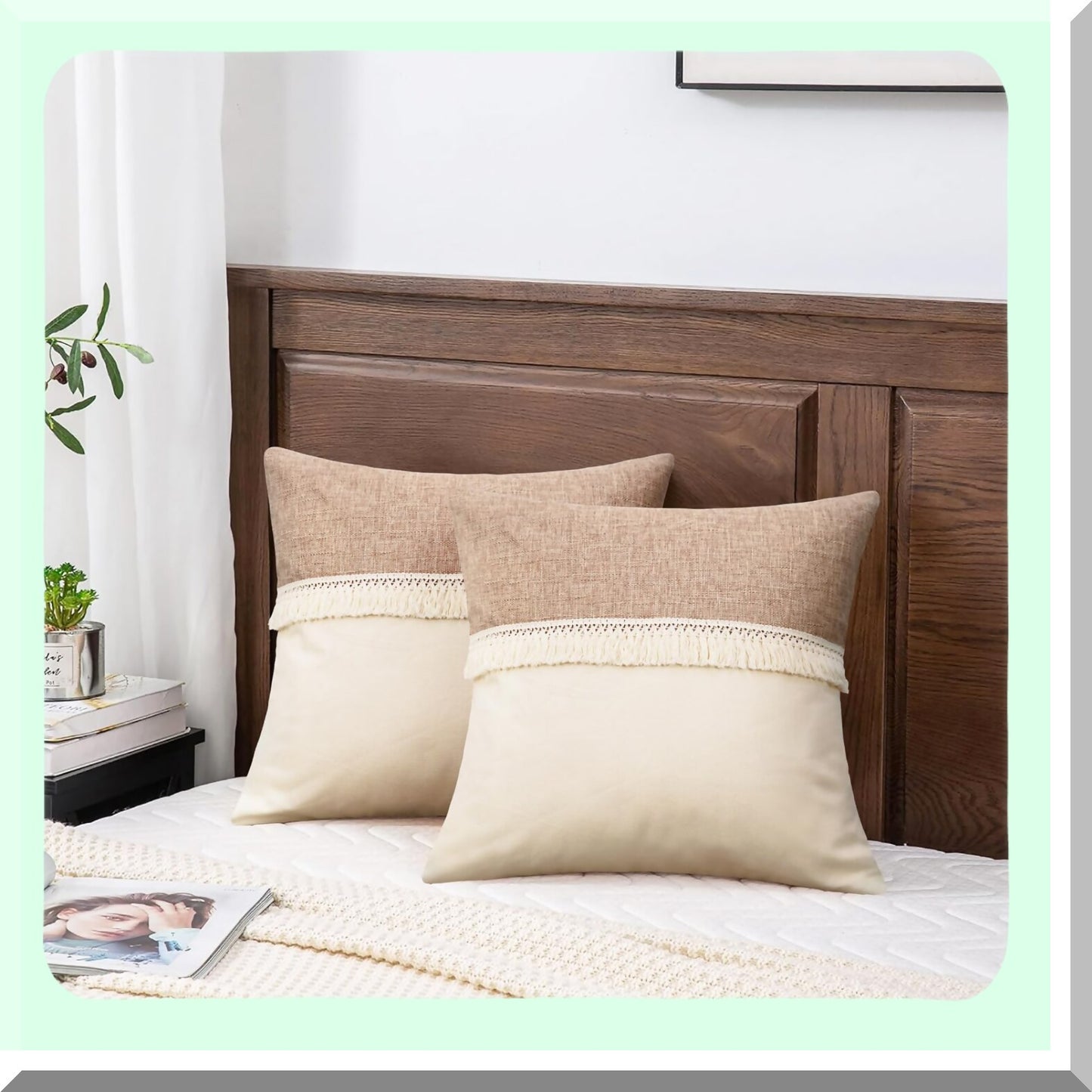 Boho Linen Patchwork Farmhouse Cushion Covers - Natural Linen Pillow Shell with Tel Trim - Decorative Sofa Bedroom Pillow Covers