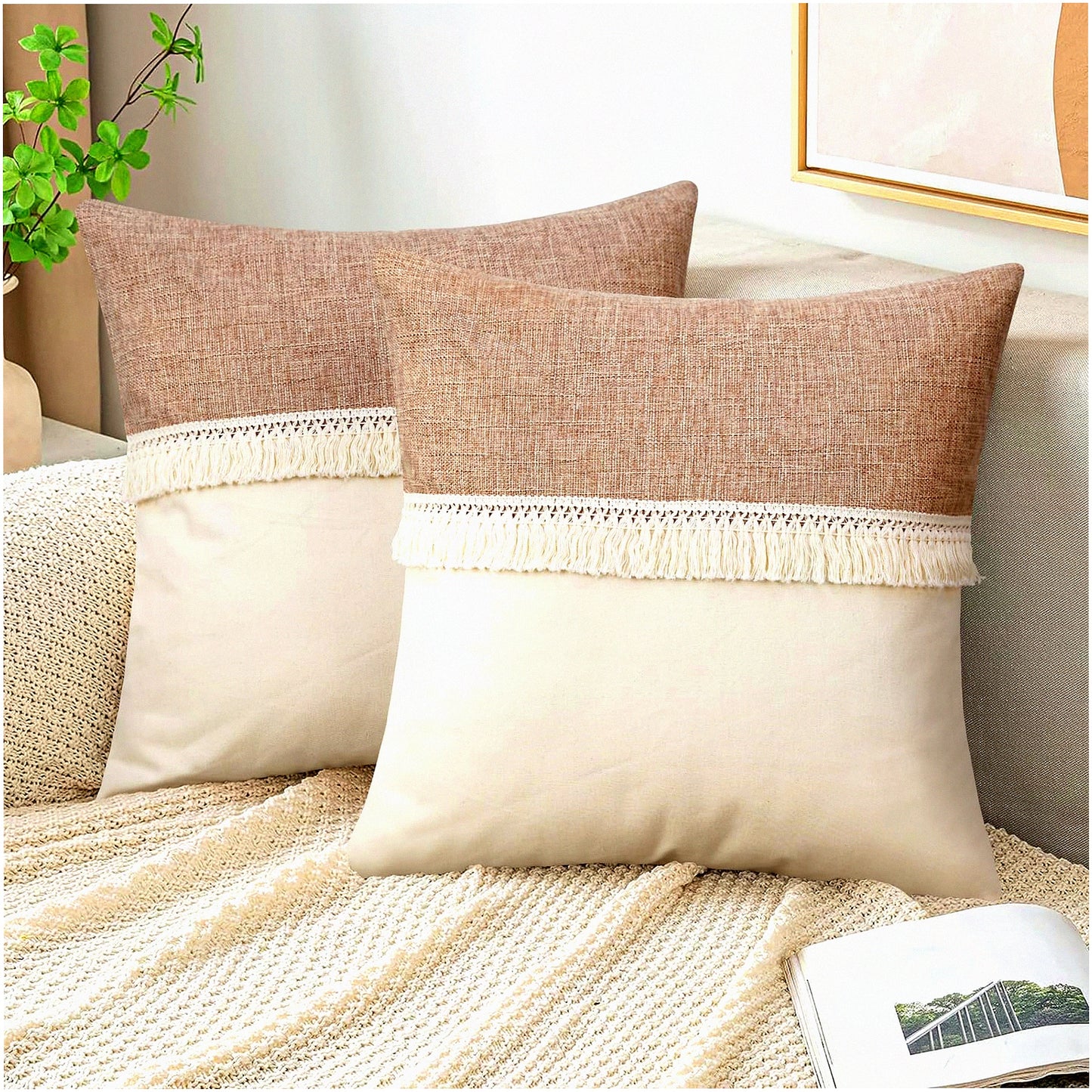 Boho Linen Patchwork Farmhouse Cushion Covers - Natural Linen Pillow Shell with Tel Trim - Decorative Sofa Bedroom Pillow Covers