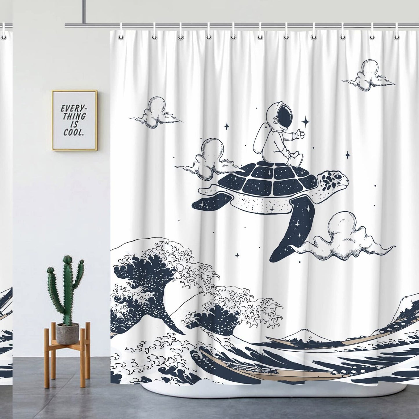 Sea Waves Astronaut Turtle Shower Curtain 70x70 Inches