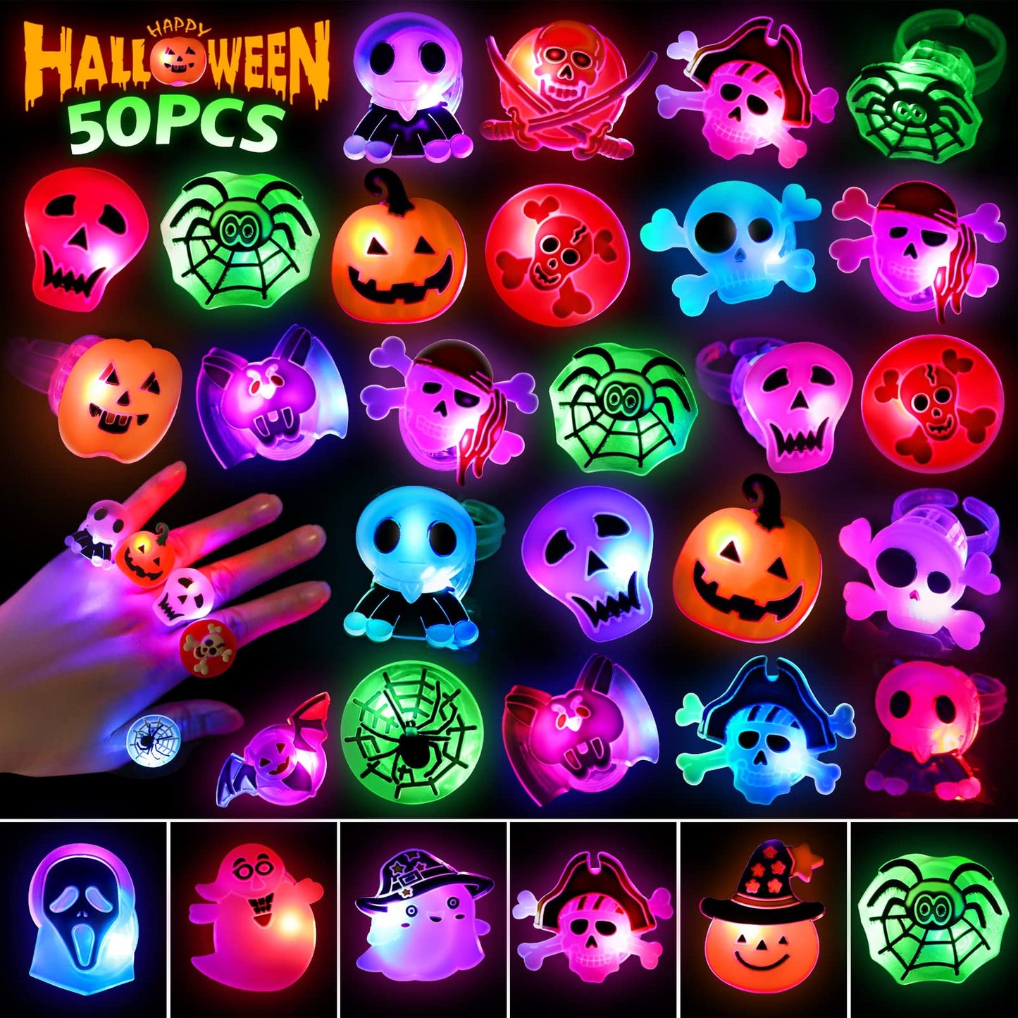 Glow Rings Mega Pack - 50 LED Flash Rings for Kids Party Favors, Bulk Goodie Bag Fillers & Non-Candy Treats - Light Up Toy Rings Set