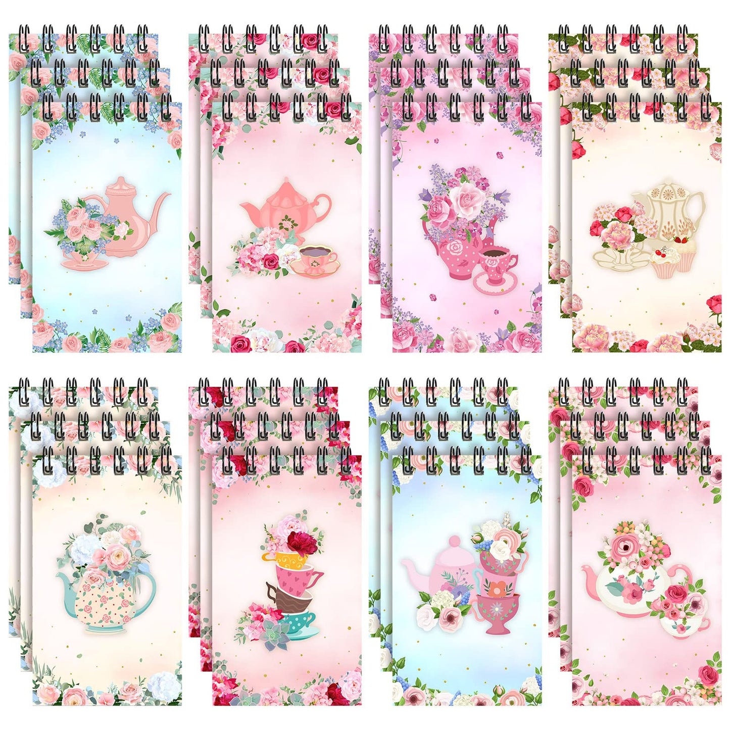 Floral Tea Time Pocket Notebooks - Set of 24 Mini Teapot Memo Pads for Kids Birthday Party Favors, School & Office Supplies - Spiral Bound Tiny Notepads