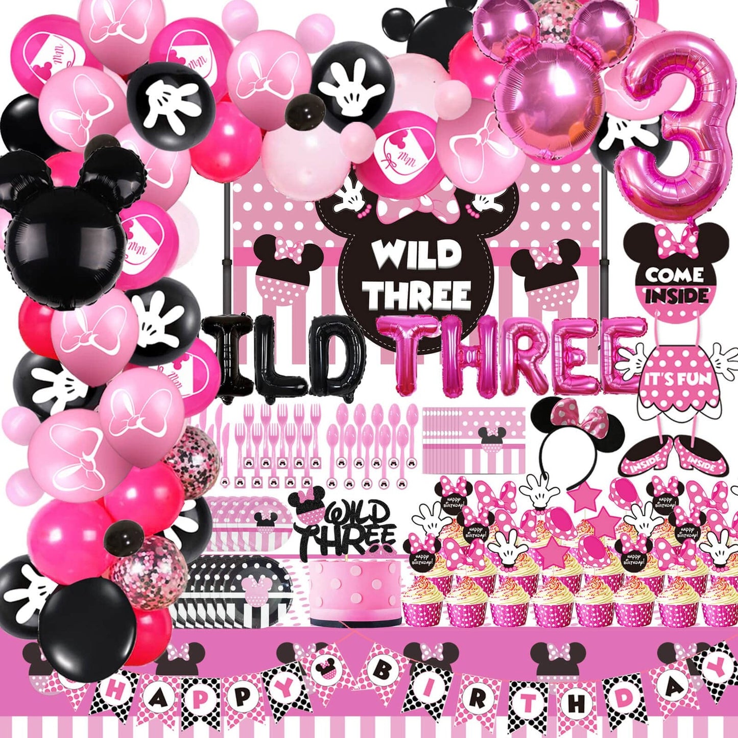 Pink Mouse Wild Three Party Pack - 201PCS Mouse 3rd Birthday Decorations Kit with Balloons Arch Garland, Backdrop, TableCloth, Tableware for Girls Birthday.