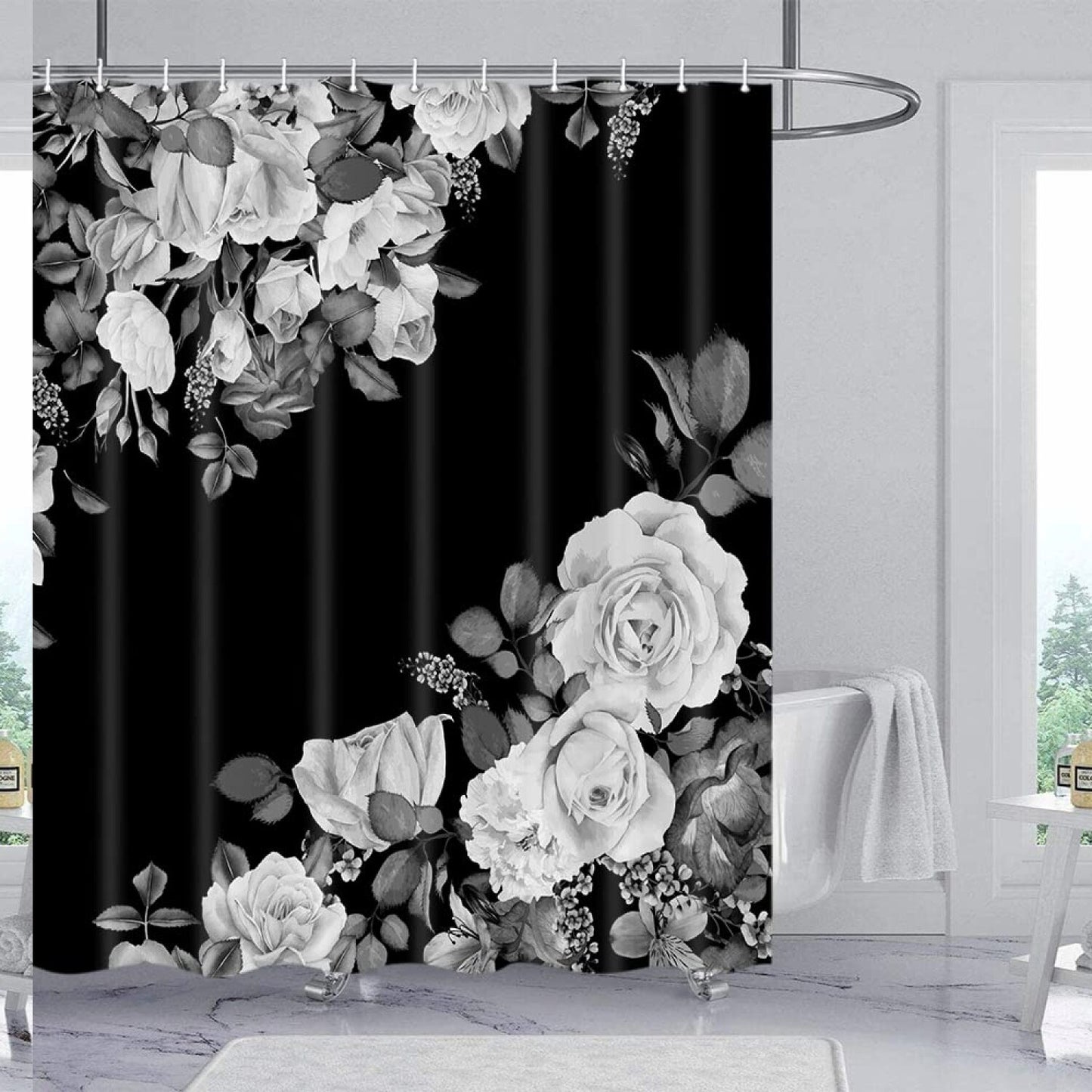 Black and White Rose Shower Curtain 70x72 in