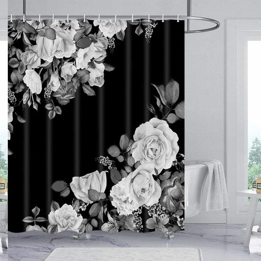 Black and White Rose Shower Curtain 70x72 in