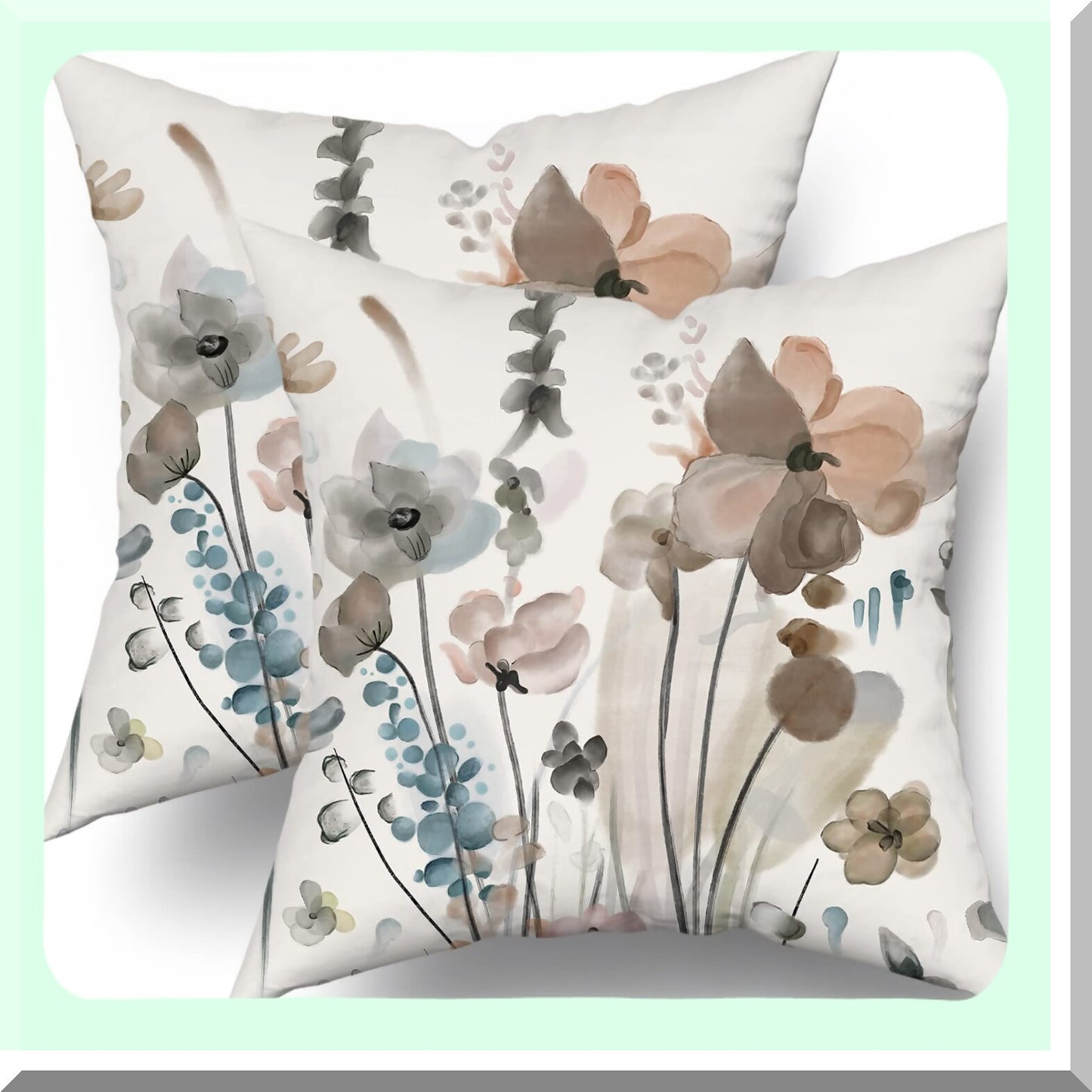 Watercolor Floral Rustic Pillow Covers - Set of 2 Farmhouse Throw Pillows 16x16 Inch for Living Room & Bedroom Decor - Brown Cream Grey Teal Abstract Flower Couch Cases