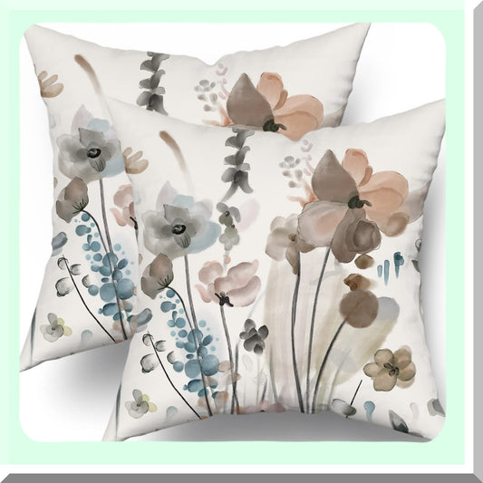 Watercolor Floral Rustic Pillow Covers - Set of 2 Farmhouse Throw Pillows 16x16 Inch for Living Room & Bedroom Decor - Brown Cream Grey Teal Abstract Flower Couch Cases