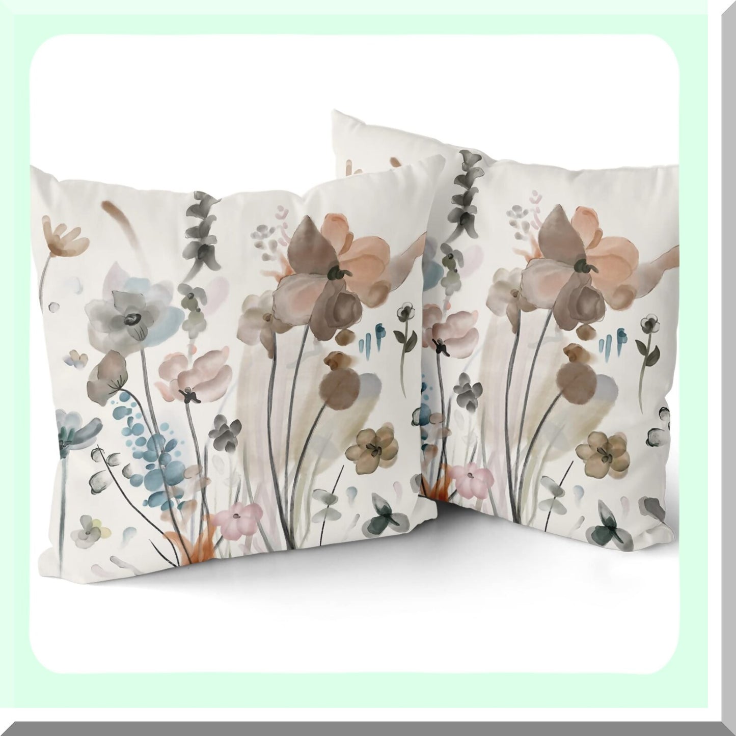 Watercolor Floral Rustic Pillow Covers - Set of 2 Farmhouse Throw Pillows 16x16 Inch for Living Room & Bedroom Decor - Brown Cream Grey Teal Abstract Flower Couch Cases