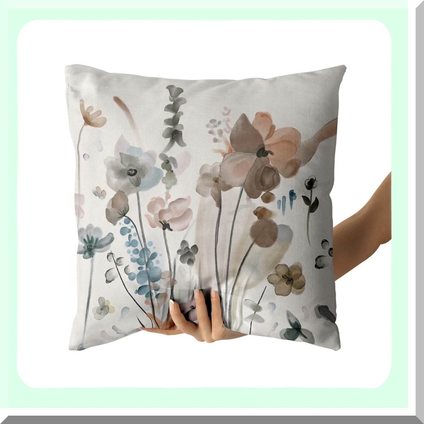 Watercolor Floral Rustic Pillow Covers - Set of 2 Farmhouse Throw Pillows 16x16 Inch for Living Room & Bedroom Decor - Brown Cream Grey Teal Abstract Flower Couch Cases