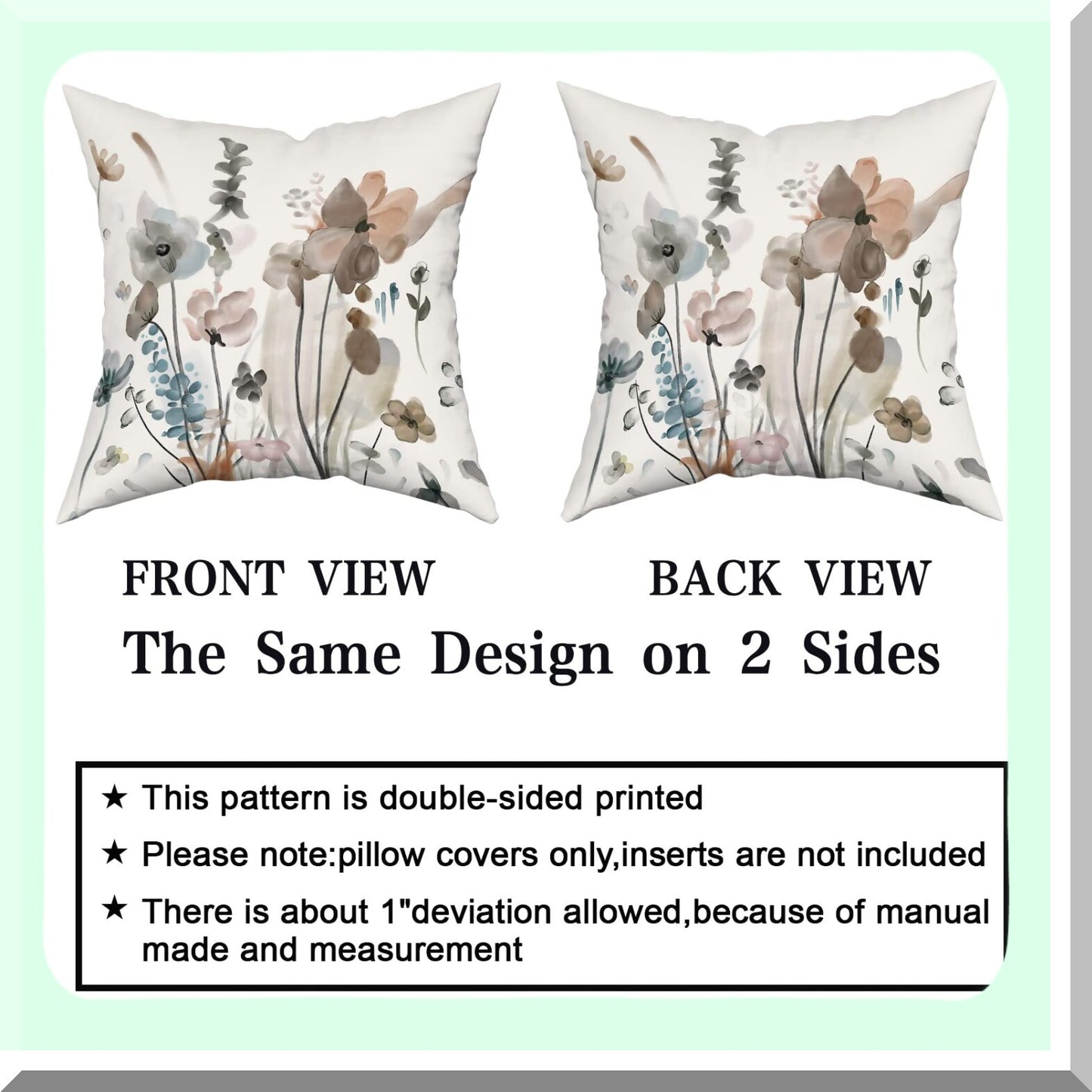Watercolor Floral Rustic Pillow Covers - Set of 2 Farmhouse Throw Pillows 16x16 Inch for Living Room & Bedroom Decor - Brown Cream Grey Teal Abstract Flower Couch Cases