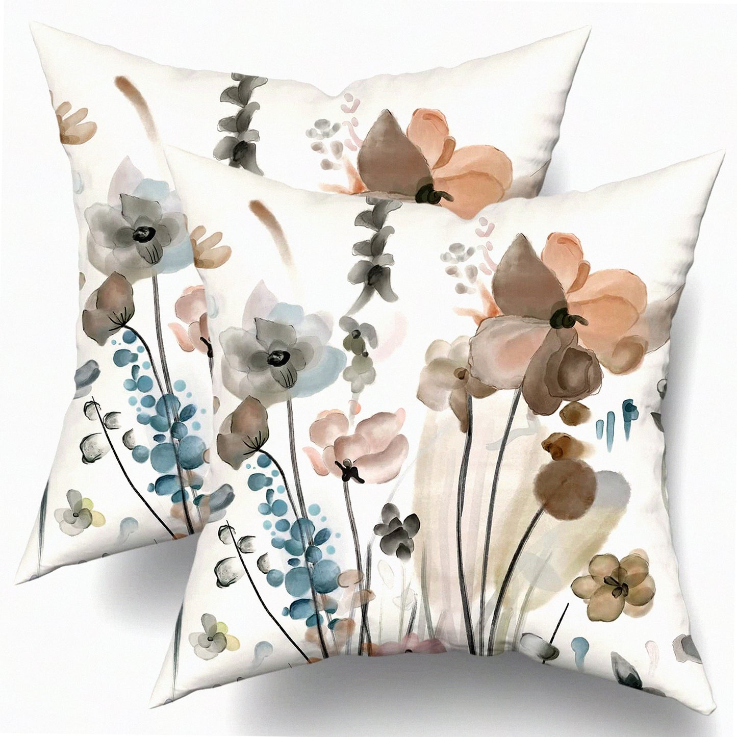 Watercolor Floral Rustic Pillow Covers - Set of 2 Farmhouse Throw Pillows 16x16 Inch for Living Room & Bedroom Decor - Brown Cream Grey Teal Abstract Flower Couch Cases