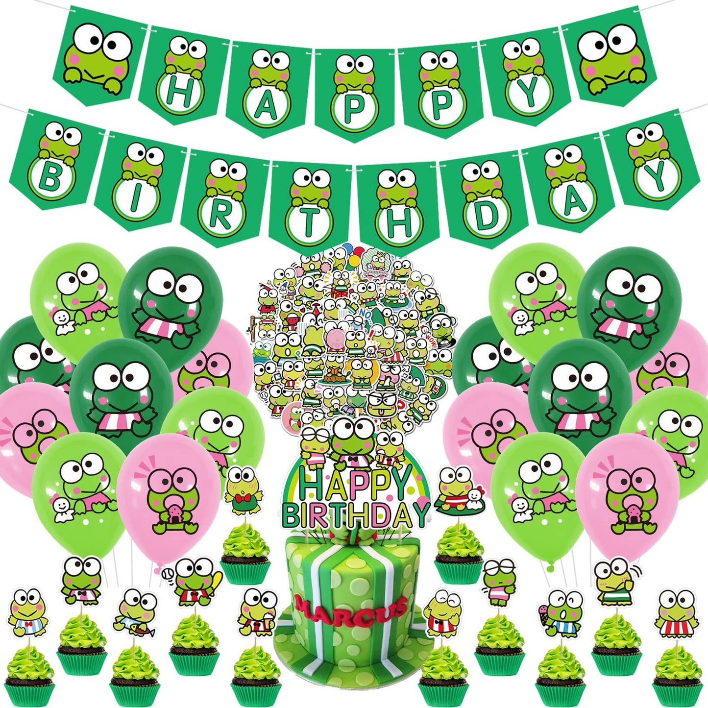 Froggy Fun Birthday Bash Kit - 83pc Keroppi Frog Party Decor Set with Banner, Cupcake Toppers, Balloons & Stickers for Kids Birthday Celebration