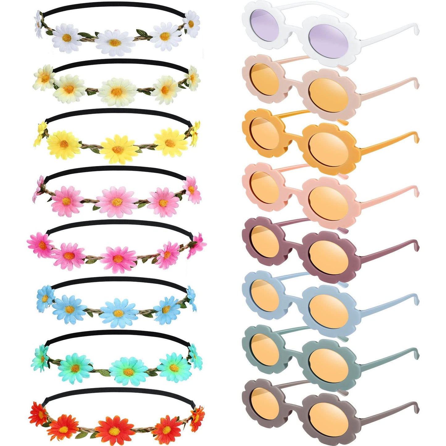 Retro Flower Power Party Pack - 16 Piece Groovy Kids Favors Set with Sunglasses, Headbands, and Accessories for 60s Hippie Themed Birthday Parties